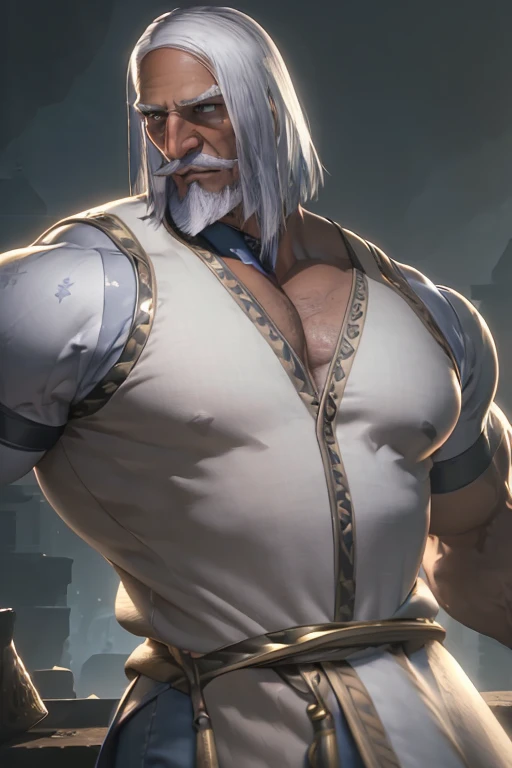 masterpiece, Best Quality, ultra detailed, 1 man, mature male, muscular, piece, Only, sportsman, beef, negro skin, negro, tanned skin, latino, 36 years old, negro hair, gray fur, goatee, long grey hair, serious expression, Gray shirt, whole body, science fiction background. jeans backside, Old man, JP, An award-winning original photo, ( brown skin color), long gray hair, full white beard, A wild muscular old man, (80 years old daddy:1.1), 1boy, Solo, (tanktop), (big shoulders), musculature, stubbles, dark skin, long grey hair, thick grey beard, Detailed face, (evil smile), blue eyes, veins, wrinkles, big old man nose, nose with pronounced bridge and outward curve that protrudes from the base of the nose, dark olive skin color, brown skin, veins, absurdly huge nose, hawk nose, convex nose, well groomed moustache, (flexing his biceps), Dynamic Angle, volumetric lighting, (Best quality, A high resolution, Photorealistic), Cinematic lighting, Masterpiece, RAW photo, Intricate details, hdr, upper body shot
