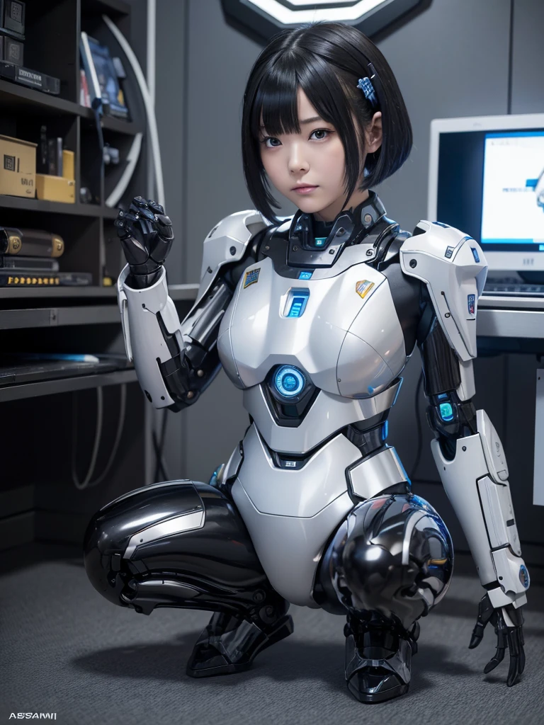 masterpiece, Highest quality, Very detailed, Japaese アンDroid girl,Portraiture,Plump,Thick,Control panel,アンDroid,Droid,Mechanical Hand, robotの腕と脚, Black Hair,Blunt bangs,perfect robot girl,Long tube,A thick cable was attached to her neck.,アンDroid,robot,humanoid,cyborg,japanese cyborg girl ,robot-assembly plant,She is now assembling,Assembly scene,Chubby,Squat
