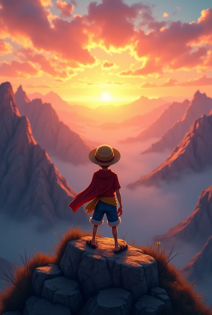 Luffy standing in the mountain watching the rise of sun