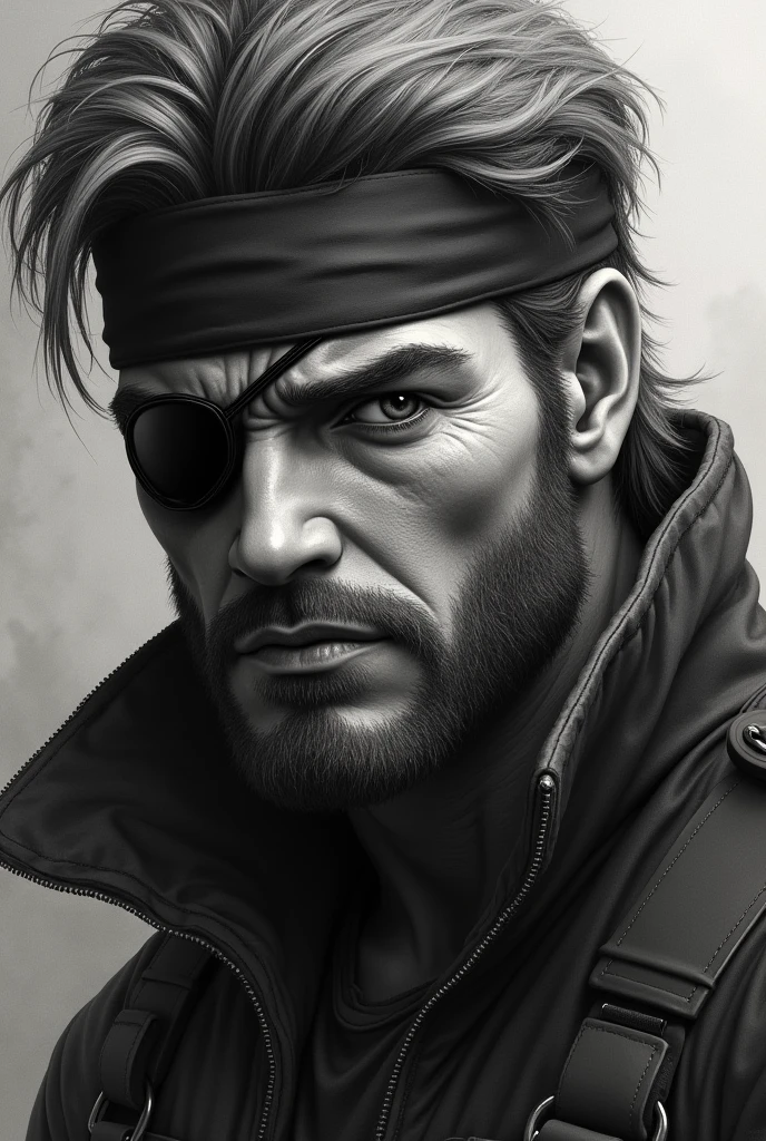 Big Boss da série metal gear. Close no rosto, a little younger, as realistic as possible , with the eye patch, do it in graphite and charcoal tones