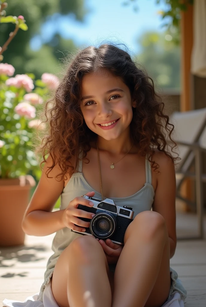 A brunette girl with curly hair and big breasts sits with her legs stretched out, taking a realistic photo