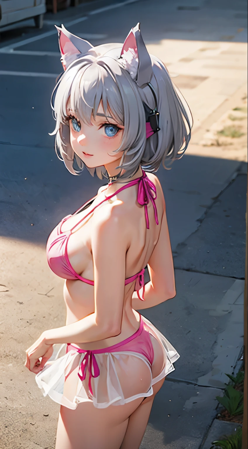 (masterpiece), (best quality), (High quality), BREAK, expressive eyes, perfect face, 1girl, (grey cat ears: 1.5), BREAK, (medium hair, grey hair: 1.5, pixie cut), BREAK, (big eyes, perfect eyes, blue eyes, thick eyelashes), BREAK, (thin eyebrow), BREAK, (short height), slim bulid, BREAK, happy, smile, BREAK, (medium breasts), BREAK, (pink bikini: 1.4), (white micro skirt: 1.5, transparent), BREAK, (standing, contrapposto), cowboy shot, (view from side: 1.5, view from above: 1.3), (beach, ocean), looking at the viewer