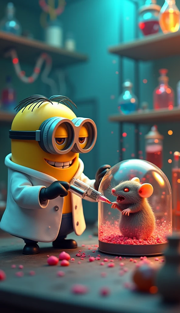 Minion is wearing a scientist suit doing research Minion injects chemicals into a mouse ,The mouse turned into a bloodthirsty monster with big fangs. 