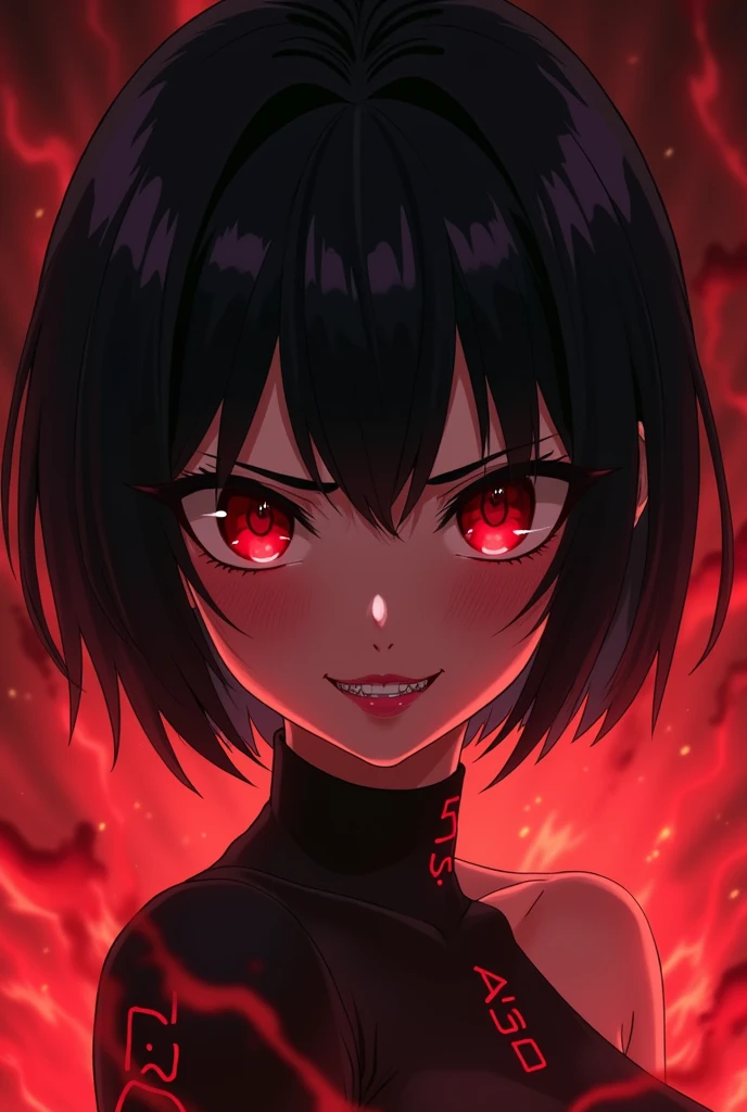 I want you to make a very sexy blood demon girl with short black hair and red eyes, that looks menacing but at the same time seductive and that is smiling and that has fangs and that is anime style with classic animation