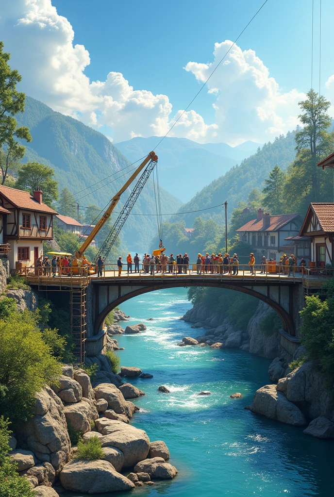 Now draw people that are on work building a bridge on the river to join the two villages together