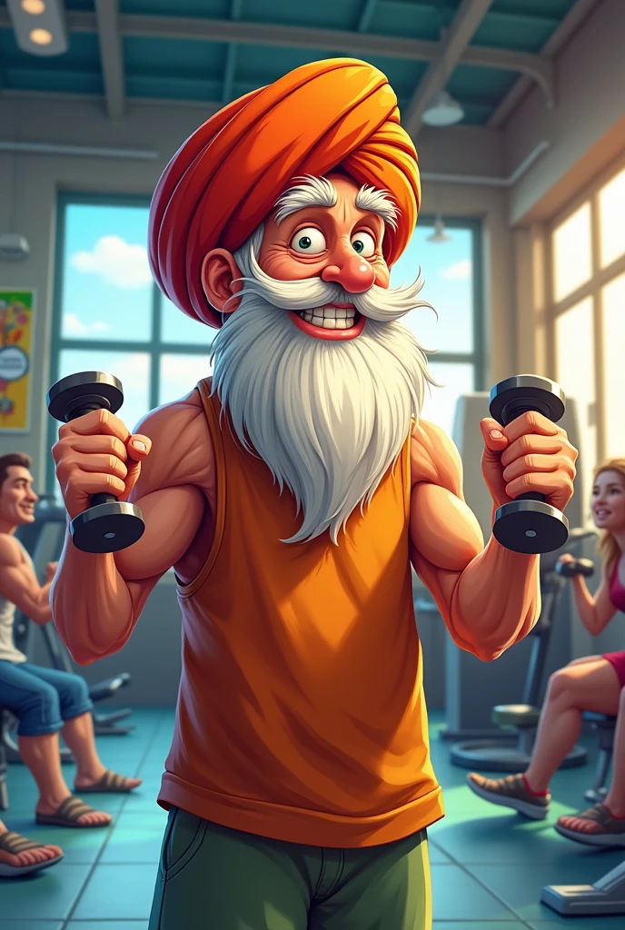 Cartoon of old man Wearing turban Background in gym
