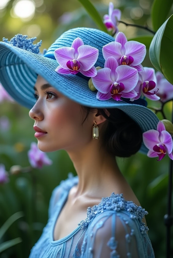 Blue,purple orchid flower inspired weaving hat design, orchid flower stamps on hat 