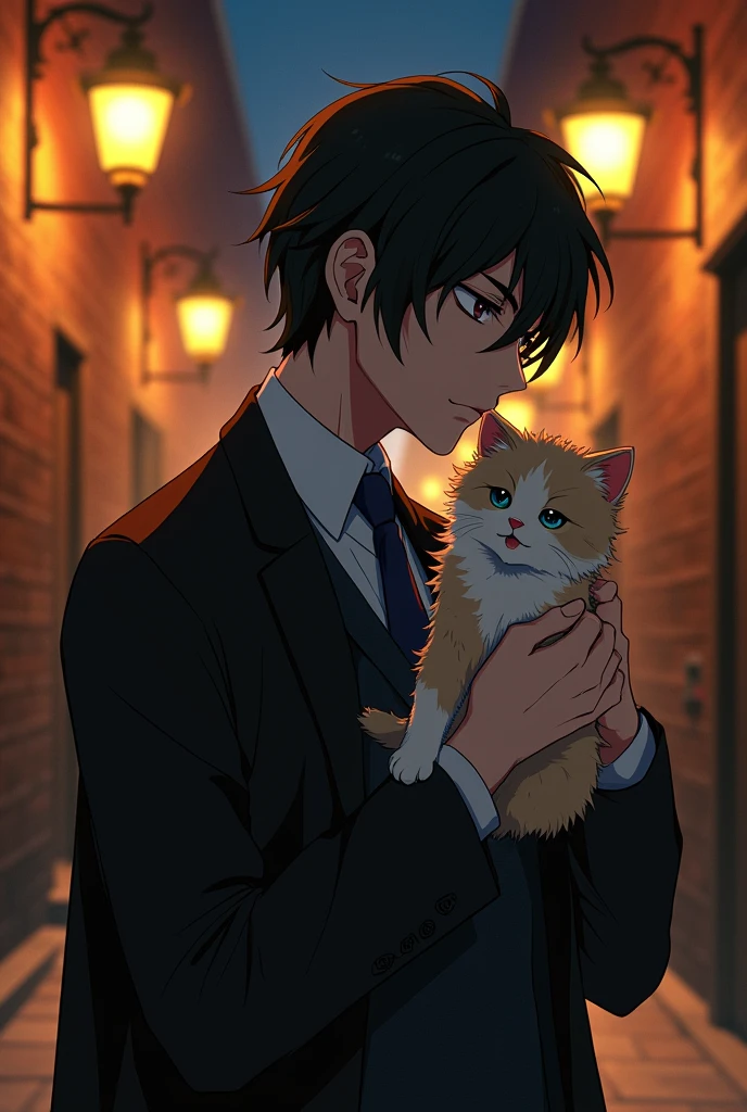 In anime style, an Osamu Dazai from in his mafia era from te anime series Bungou Stray Dogs with a lovely kitten.