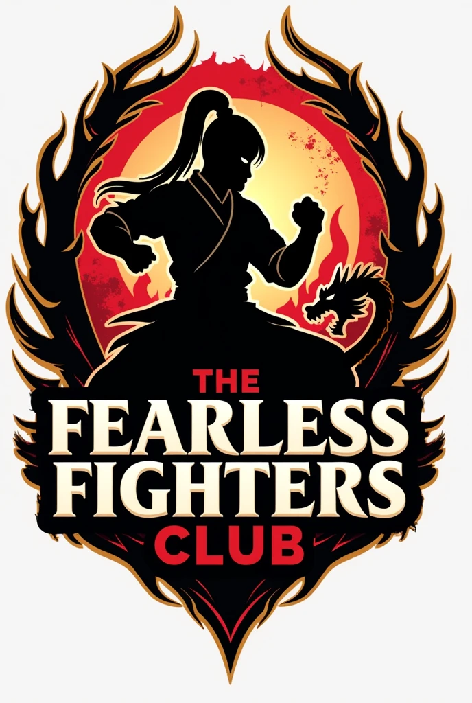 "Design a dynamic and bold logo for 'The Fearless Fighters Club Ramora,' a martial arts club. The logo should convey strength, courage, and discipline. Incorporate elements like a fierce warrior or fighter silhouette, traditional martial arts symbols (e.g., fist, dragon, or sword), and a strong, modern font for the club name. The color scheme should be powerful, using shades like black, red, or gold, to emphasize intensity and resilience. The overall design should inspire confidence and reflect the fearless spirit of the members."