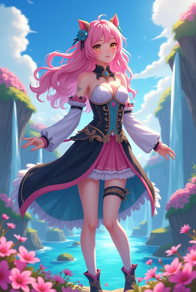 generate me a genshin impact character with curly hair, her hair is also pink, and eyes are brown, she has black/white/blue/pink colors in her clothes, she’s a very pretty and cute