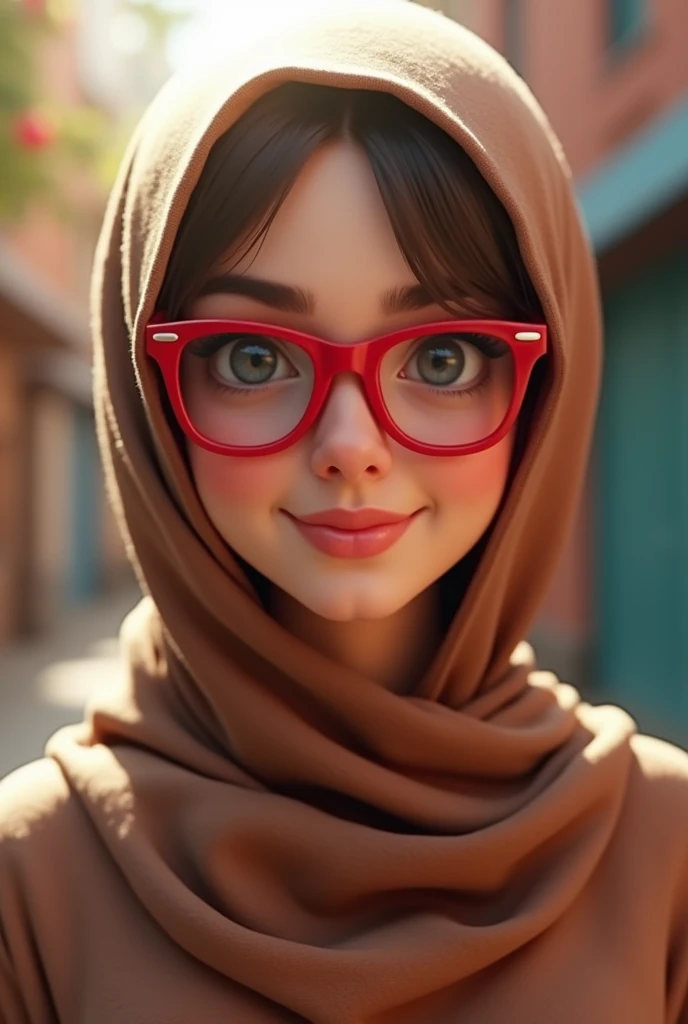 A emma myers,perfect eyes,with brown hijab,medium body, wink expression,,put red oakley glasses, 3d render

