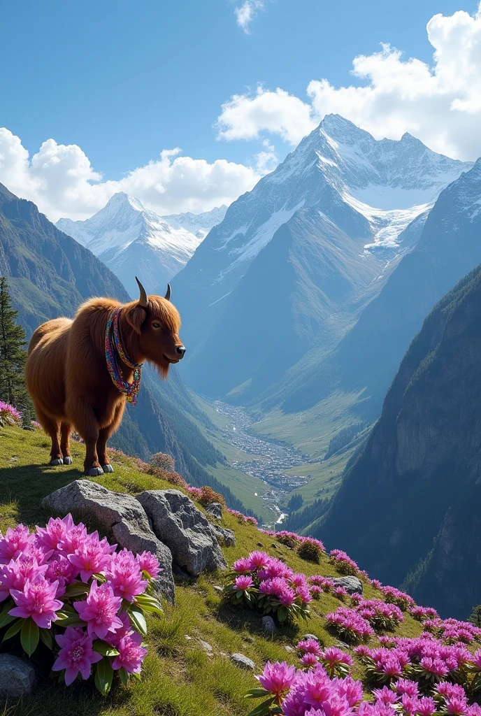 Mountains, rhododendron, yak on the lanyard