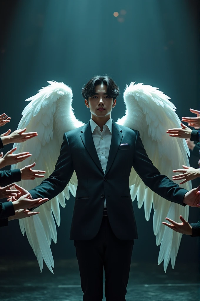 give me a photo where jungkook is standing in the middle with his suit that is half black and white with his wings. kindly put also some hands in a circle way that is trying to reach him and also i get this to a black swan movie of natalie portman. kindly make it more similar to it.