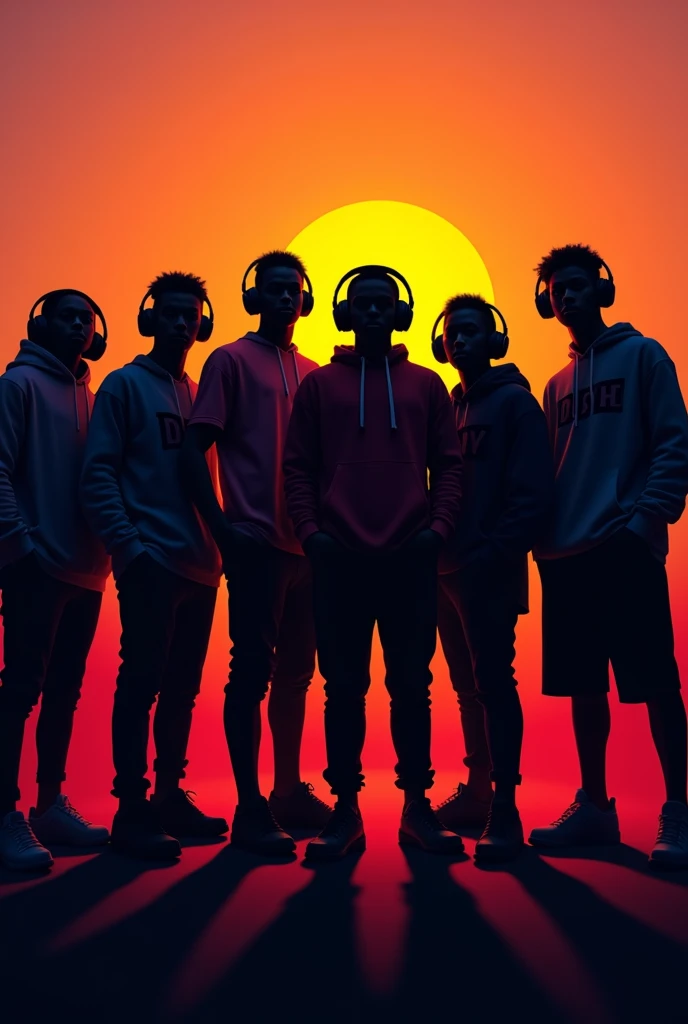 silhouette of a group of people wearing hoodies, t-shirts, caps and long sleeve t-shirts, funky style, trendy, headphone wearing