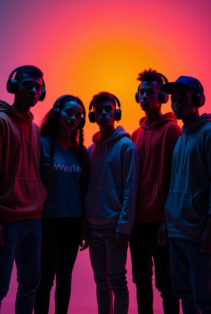 silhouette of a group of people wearing hoodies, t-shirts, caps and long sleeve t-shirts, funky style, trendy, headphone wearing