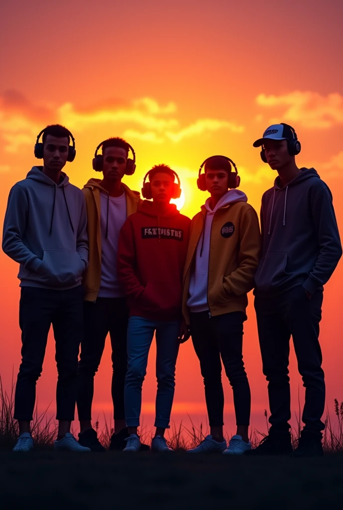 silhouette of a group of people wearing hoodies, t-shirts, caps and long sleeve t-shirts, funky style, trendy, headphone wearing
