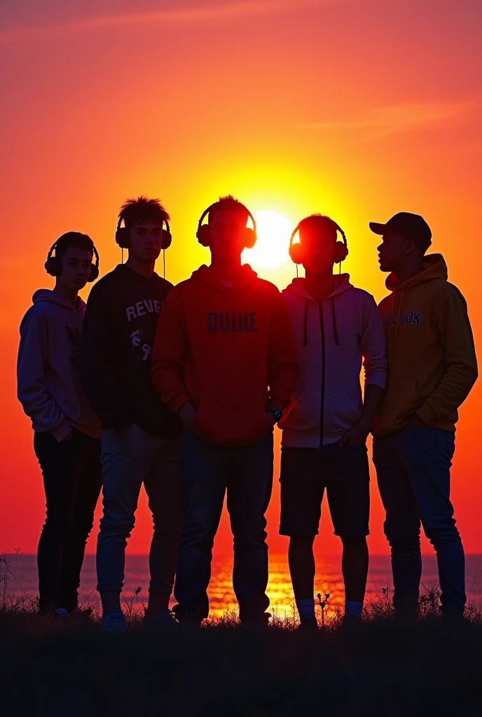 silhouette of a group of people wearing hoodies, t-shirts, caps and long sleeve t-shirts, funky style, trendy, headphone wearing
