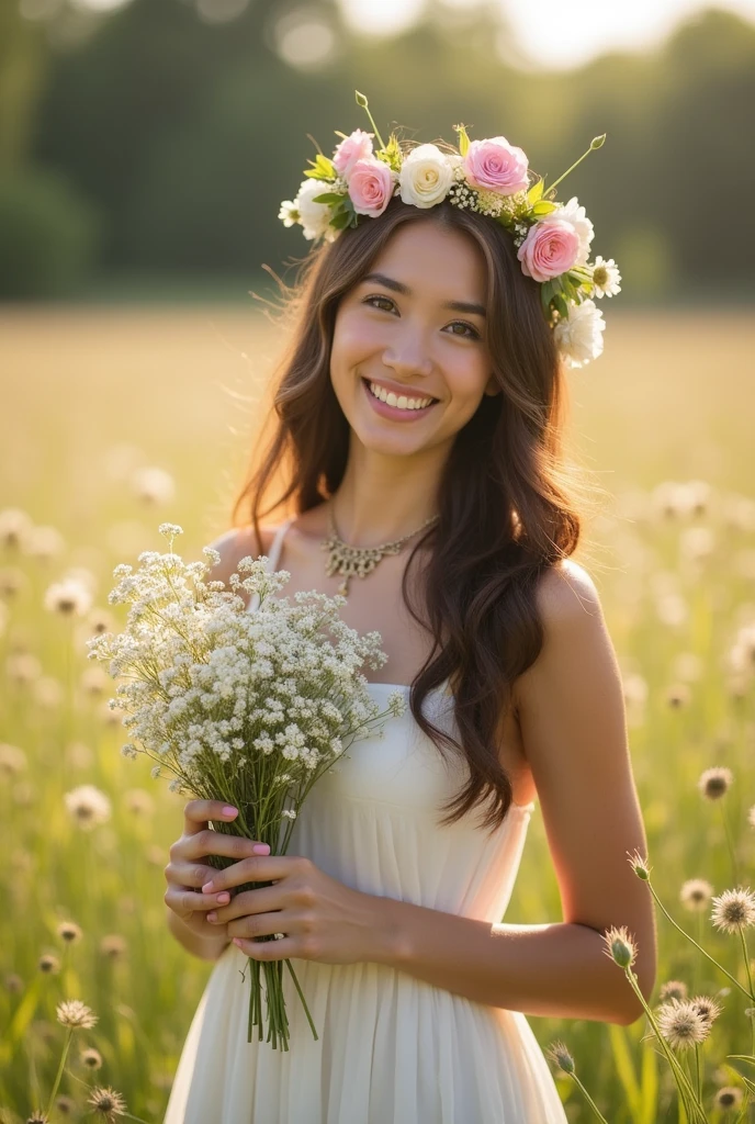 a young woman wearing a sleeveless white dress. She was holding a bouquet of flowers consisting of white and pink flowers., and wear a flower crown that matches her bouquet. Her face looks soft and friendly, with long wavy hair flowing over her shoulders. The background looks bright, with sunlight giving a warm feel to the whole image.