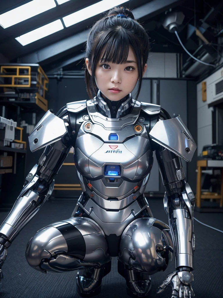 masterpiece, Highest quality, Very detailed, Japaese アンDroid girl,Portraiture,Plump,Thick,Control panel,アンDroid,Droid,Mechanical Hand, robotの腕と脚, Black Hair,Blunt bangs,perfect robot girl,Long tube,A thick cable was attached to her neck.,アンDroid,robot,humanoid,cyborg,japanese cyborg girl ,robot-assembly plant,She is now assembling,Assembly scene,Chubby,Squat