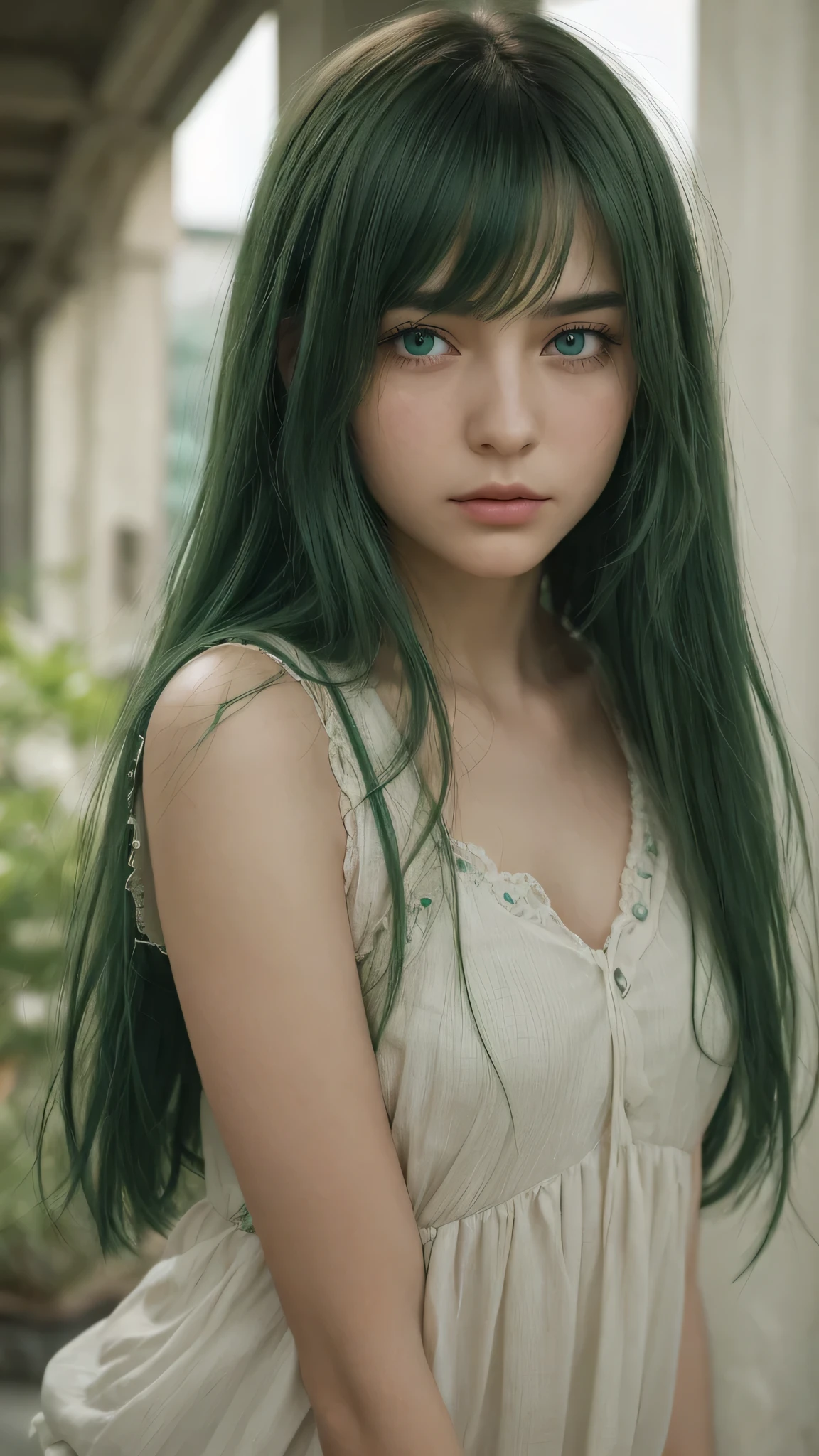 a girl. European. Extremely detailed face. Oval face. Delicate facial features. Half-closed eyes. Long straight hair. Messy hair. Bangs. Green hair. Green eyes. lewd expression. sad mood