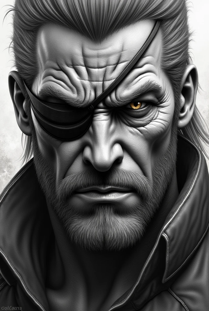 Big Boss da série metal gear. Close no rosto, as realistic as possible , with the eye patch, do it in graphite and charcoal tones 