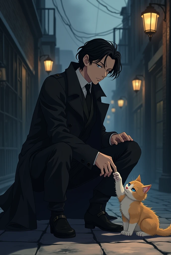 In anime style, an Osamu Dazai in his dark mafia era from te anime series Bungou Stray Dogs with a lovely kitten.