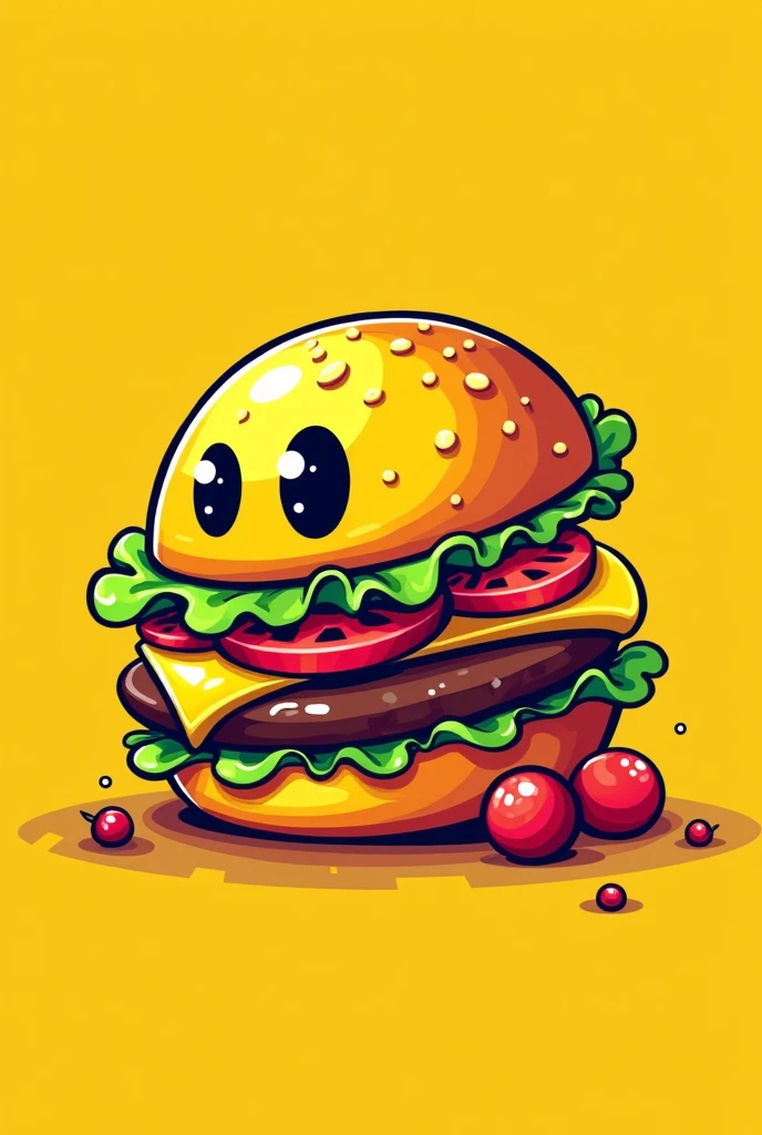 Logo of a hamburger simulating being Pac Man and literally having the shape of Pac Man drawn in a vintage retro eighties arcade style