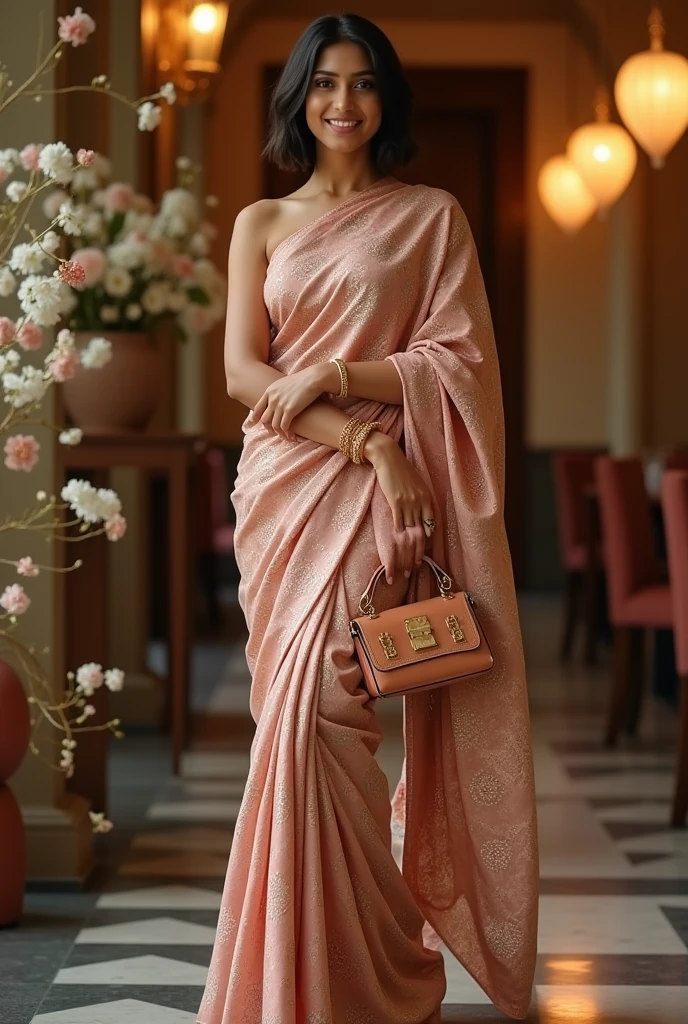 Female Indian 30, bob cut hair, sexy gorgeous saree and luxury purse, full length body photograph, looking straight at the camera, big cute smile, sexy figure, wife quality, full body length photo inducing her feet.