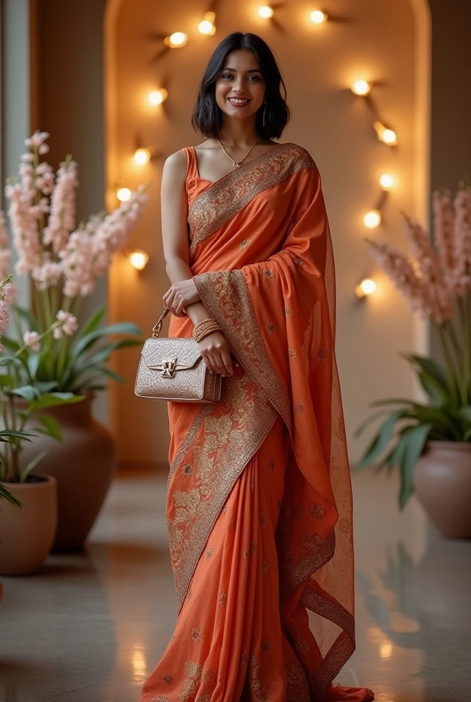 Female Indian 30, bob cut hair, sexy gorgeous saree and luxury purse, full length body photograph, looking straight at the camera, big cute smile, sexy figure, wife quality, full body length photo inducing her feet. 