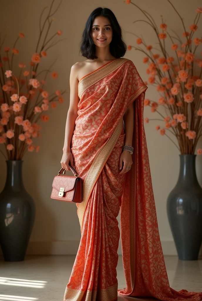 Female Indian 30, bob cut hair, sexy gorgeous saree and luxury purse, full length body photograph, looking straight at the camera, big cute smile, sexy figure, wife quality, full body length photo inducing her feet.
