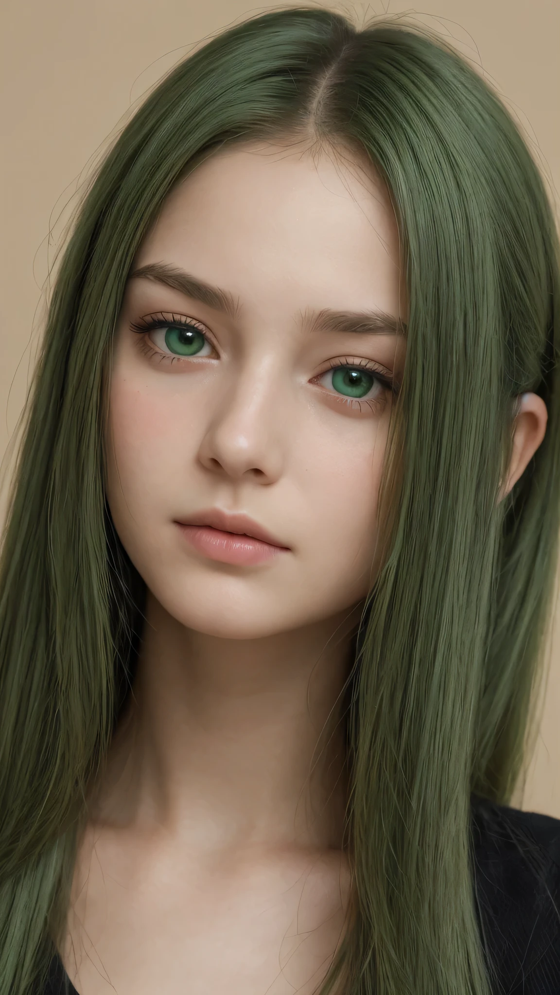 facial portrait. a girl. european. extremely detailed face. delicate features. oval face. beautiful and extremely detailed eyes. half-closed eyes. green eyes. long straight hairstyle. green hair. sad expression. shy. timid. front