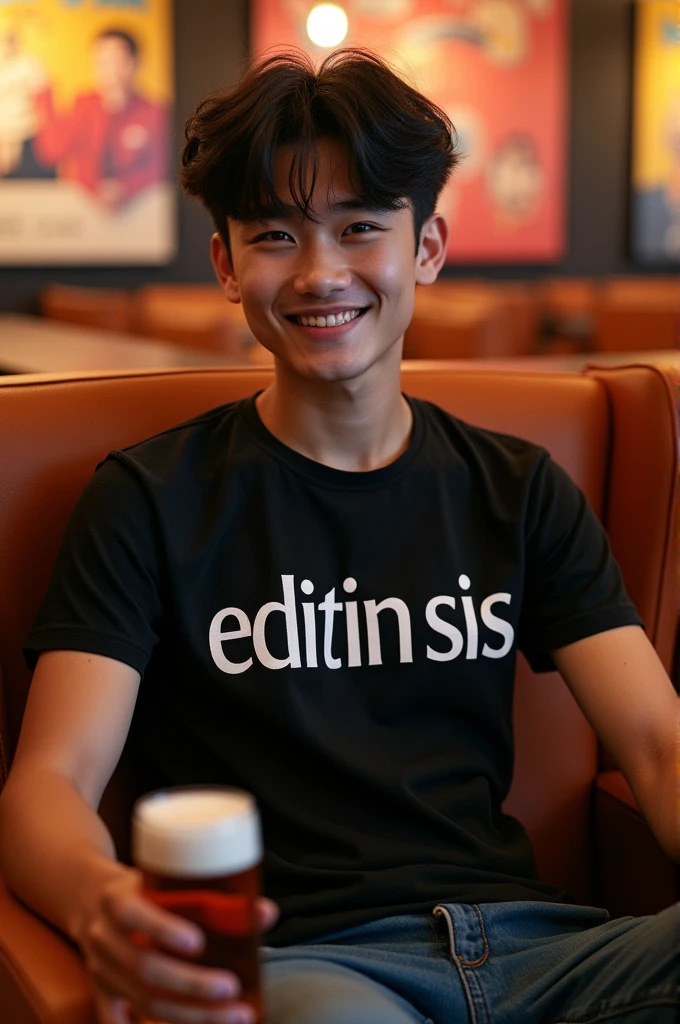 A handsome Asian teenage boy wearing a black t-shirt that says "editin sis" is sitting in a chair holding a glass of beer