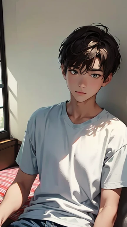 Highest quality、Realistic、、Japanese、zoom、man、Middle school students、cute、、Bedroom、Grey Eyes、Light brown hair、Very Short Hair、White short sleeve shirt、Denim pants、thin、Cowboy Shot