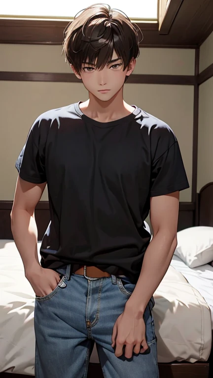 Highest quality、Realistic、、Japanese、zoom、man、Middle school students、cute、、Bedroom、Grey Eyes、Light brown hair、Very Short Hair、White short sleeve shirt、Denim pants、thin、Cowboy Shot