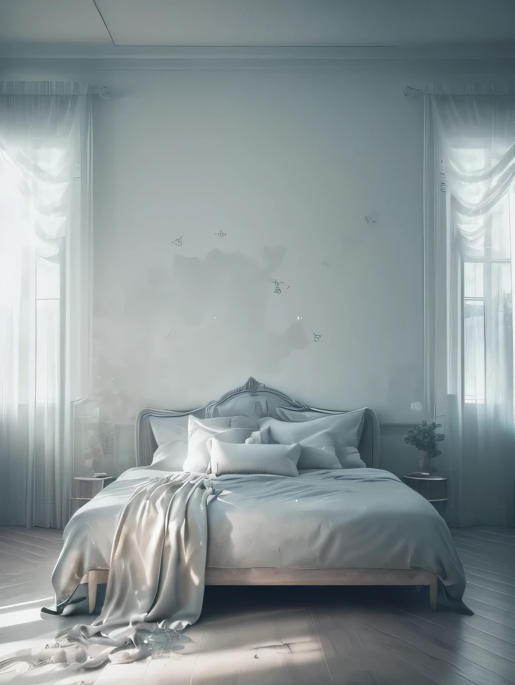 a dreamy interior design, foggy, soft focus, cool lighting, muted pastel colors, glowing atmosphere, dramatic shadows, cinematic composition, dream-like quality, ethereal, romantic, soft focus photography, black hour, midnight, windy, white marble, whimsical, hazy, ethereal