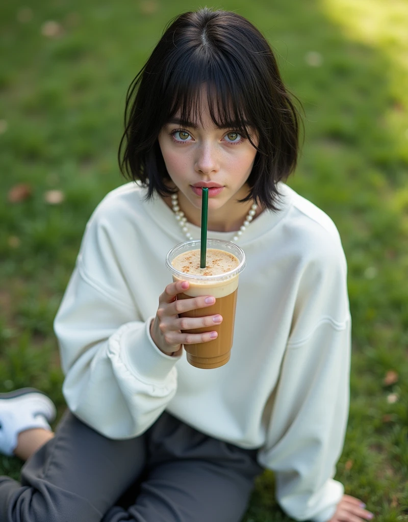 (RAW photo, best quality, masterpiece: 1.2), (photorealistic: 2), (Polish girl, 20 years old, black hair, Light grey eyes, short bob cut, hair in 7 thirds, hair over one ear, Symmetrical eyes, solo, Detailed Skin:1.1), Wearing white oversized sweatshirt, dark grey pants, white Nike Jordans, small pearl necklace, sitting Indian style on the grass, drinking cafe latte from a clear cup with a green straw, angled from above, sunny