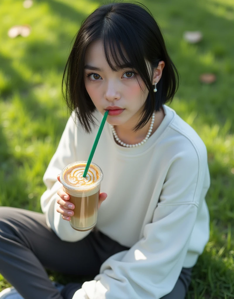 (RAW photo, best quality, masterpiece: 1.2), (photorealistic: 2), (Polish girl, 20 years old, black hair, Light grey eyes, short bob cut, hair in 7 thirds, hair over one ear, Symmetrical eyes, solo, Detailed Skin:1.1), Wearing white oversized sweatshirt, dark grey pants, white Nike Jordans, small pearl necklace, sitting Indian style on the grass, drinking cafe latte from a clear cup with a green straw, angled from above, sunny