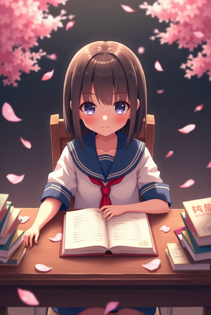 I'm studying in a sailor uniform and a bunch of cherry blossom petals are coming out of my head.、Scattered illustrations。Composition from above