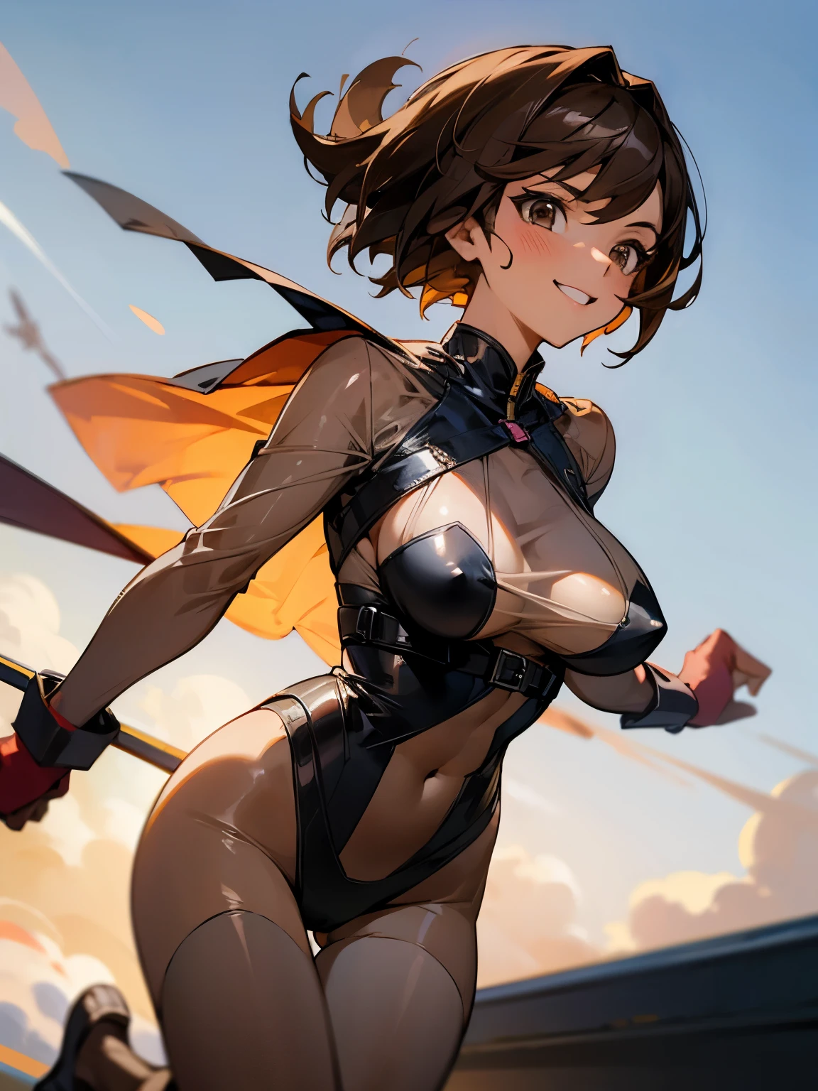 Girl Running Through the Battlefield, Looking at me, she gave me a fearless smile., Short Hair, Brown Hair, Big Breasts, Sexy Costumes, See-through costume, fly through the air