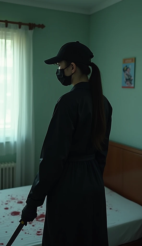 Korean, (Multiple backs , Holding a knife), Black surgical mask, Black gloves, room , Black Raincoat, Trucker Hat, Holding a knife, Black gloves, Woman standing on top, Multiple backs , Blood splatter, On the bed, View your viewers, mass murderer, killer, Low Ponytail, Blood splatter, Dark atmosphere, Cinema Lighting, Atmospheric and realistic, Light from the window, close, Beautiful breasts, Slender body line
