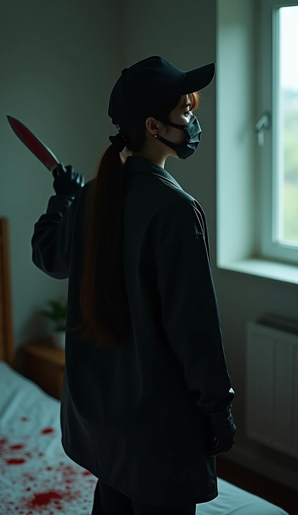 Korean, (Multiple backs , Holding a knife), Black surgical mask, Black gloves, room , Black Raincoat, Trucker Hat, Holding a knife, Black gloves, Woman standing on top, Multiple backs , Blood splatter, On the bed, View your viewers, mass murderer, killer, Low Ponytail, Blood splatter, Dark atmosphere, Cinema Lighting, Atmospheric and realistic, Light from the window, close, Beautiful breasts, Slender body line