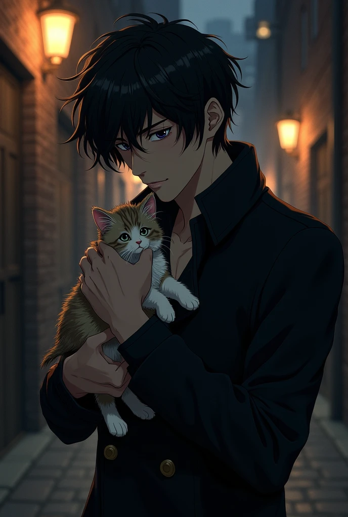 In anime style, an Osamu Dazai in his dark mafia era from te anime series Bungou Stray Dogs with a lovely kitten.