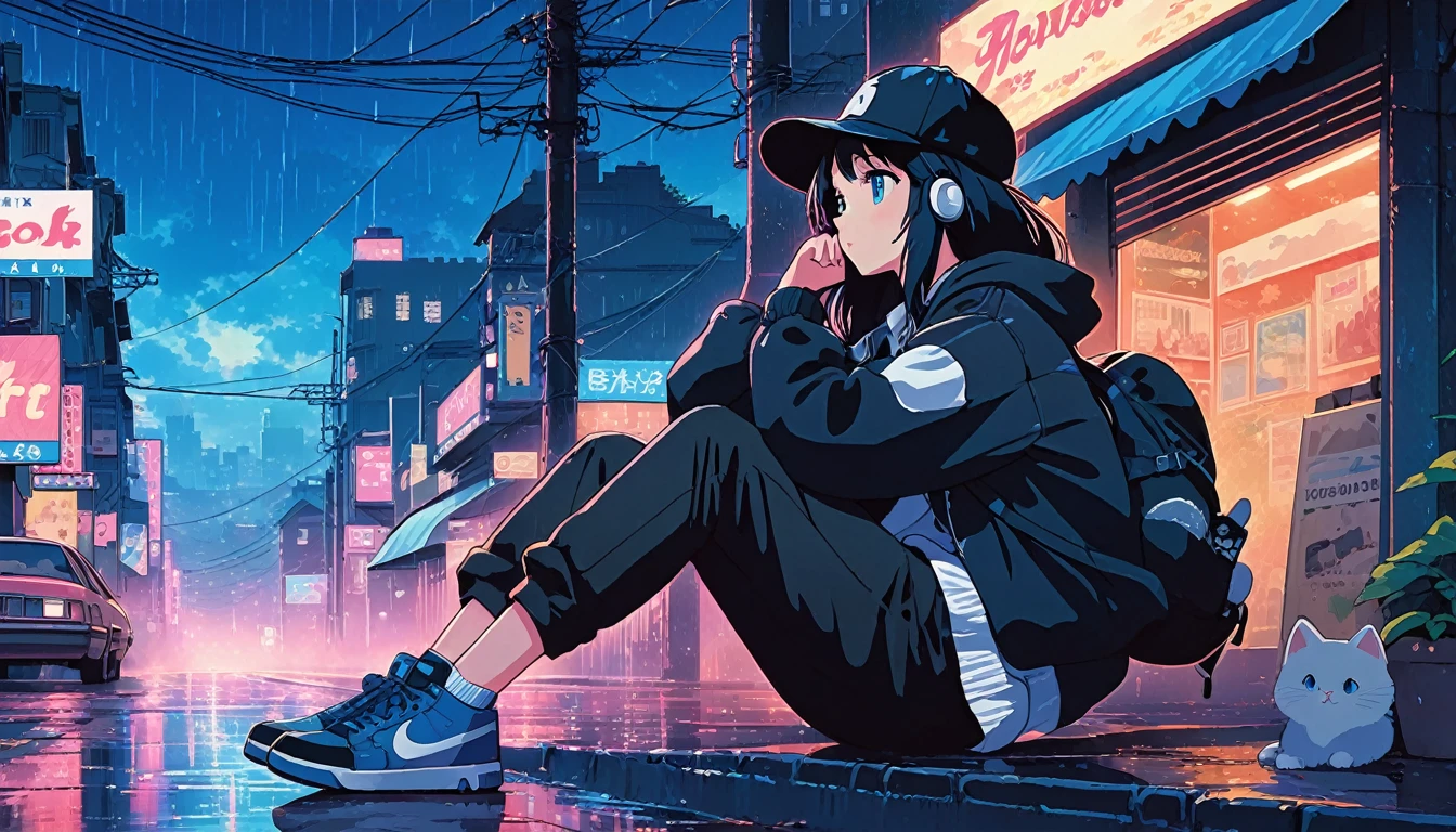 alone, lofi artstyle, lofi art, city, town, 80s anime style, Retro, Lo-Fi, masterpiece, best quality, (extremely detailed CG unity 8k wallpaper), (best quality), (best illustration), (best shadow), absurdres, realistic lighting, (Abyss), beautiful detailed glow, 1girl, backpack, bag, baseball cap, black footwear, black hair, black headwear, black jacket, black pants, blue eyes, cat, from side, hat, hood, hood down, hooded jacket, hoodie, jacket, long hair, long sleeves, night, outdoors, pants, power lines, profile, rain, shoes, sign, sitting, sneakers, solo, headphone