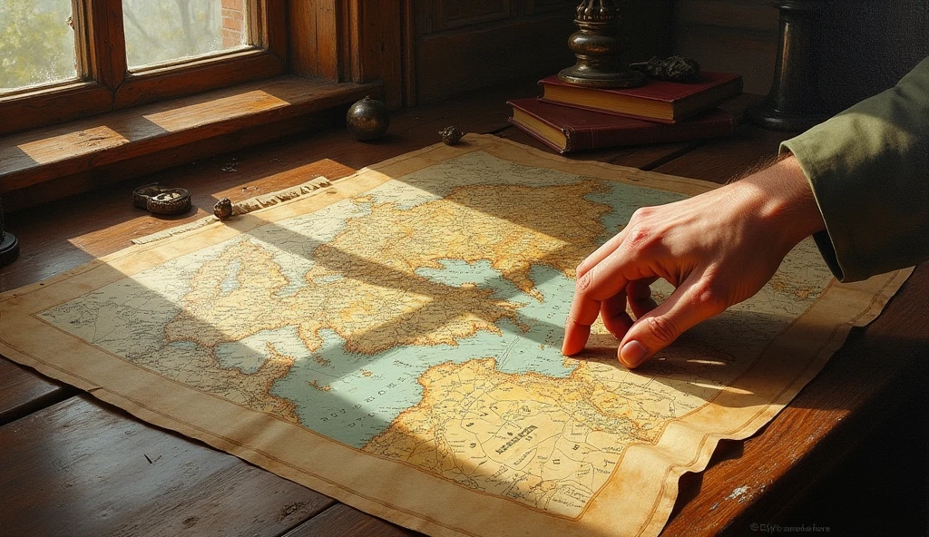 oil painting, Political regional map displayed on table, hand holding map