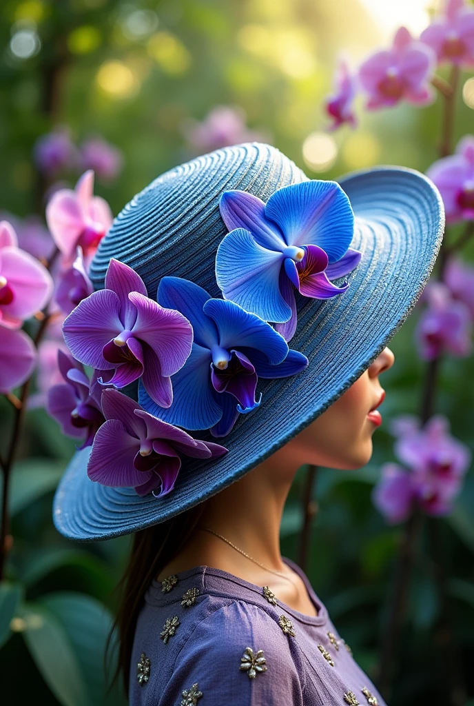 Blue,purple orchid flower inspired weaving hat orchid flower stamps on hat like printed hat