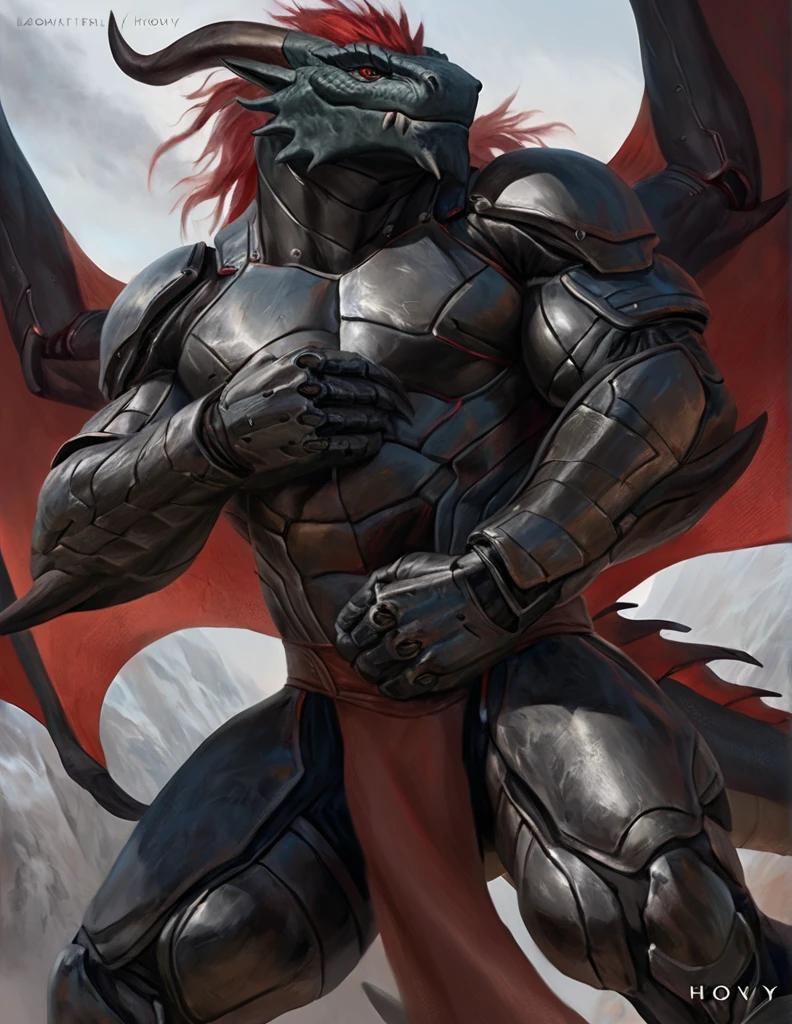 a ferocious male dragonborn, muscular detailed body, black color body, red eyes, four eyes, masculine pose, tall topless, loincloth, mechanical bodysuit on arms, comicbook style, best quality, 4k, ultra-detailed, realistic, by laobai, by taran fiddler, by honovy
