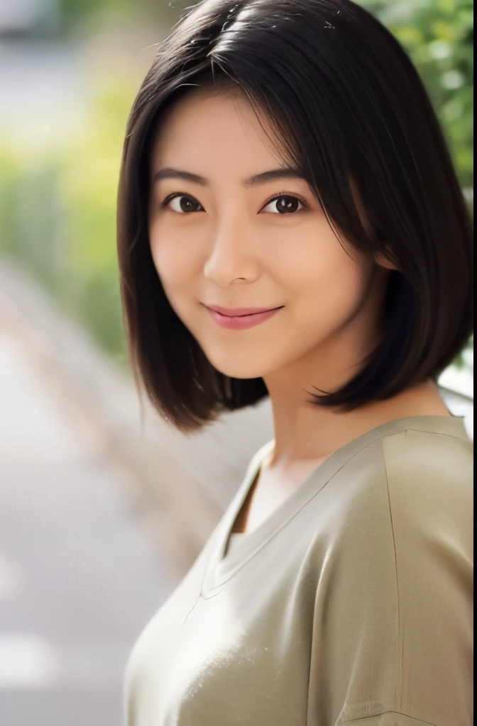 Portrait, 8k, high quality, realistic photo images, 29-year-old, japanese woman, neat wife, housewife, Reproduces natural and realistic eyes, japanese stand, beautiful black hair, short hair, light makeup, octane rendering, beautiful lighting, composition of golden ratio, laughter, everyday wear, casual clothes, natural background, blurred background, High level image quality, Pure Japanese humanity, beautiful wife, Upper body, light makeup, No makeup, pure beauty, plain clothes, grey, beige, green, Plain color, casual clothes, slight smile, small black eyes, background bokeh