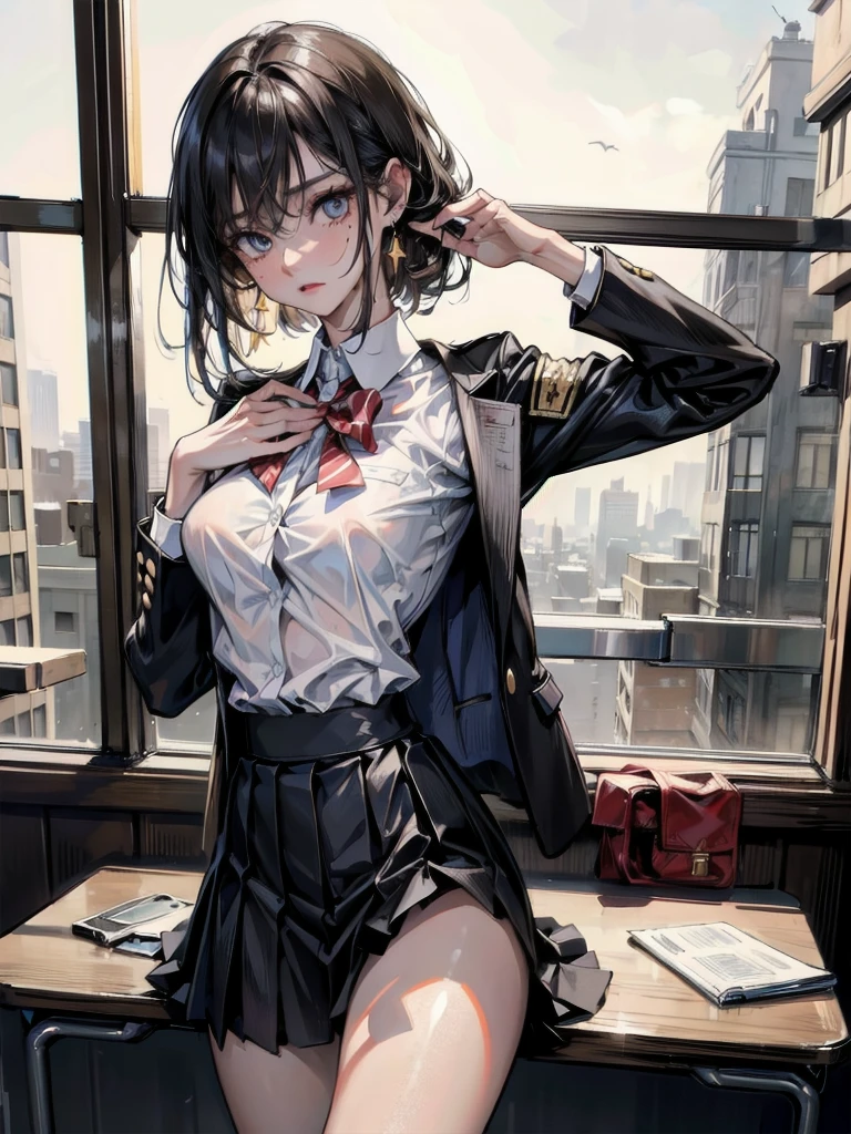 absurdres, RAW photo, extremely delicate and beautiful, masterpiece, Best Quality, ultra high resolution, 32k, hyperrealistic, ultra-detailed, perfect anatomy, super Detailed skin, perfect figure, Super Beauty, Perfect Style, Perfect balance, 20 years old, very Slim body, narrow waist, very small head, very small face, delicate facial features, detailed face, detailed eyes, tearful mole, earring, very huge round breasts, legs, medium hair, whole body shot, indoor, ((school_uniform)), blazer, wet clothes,