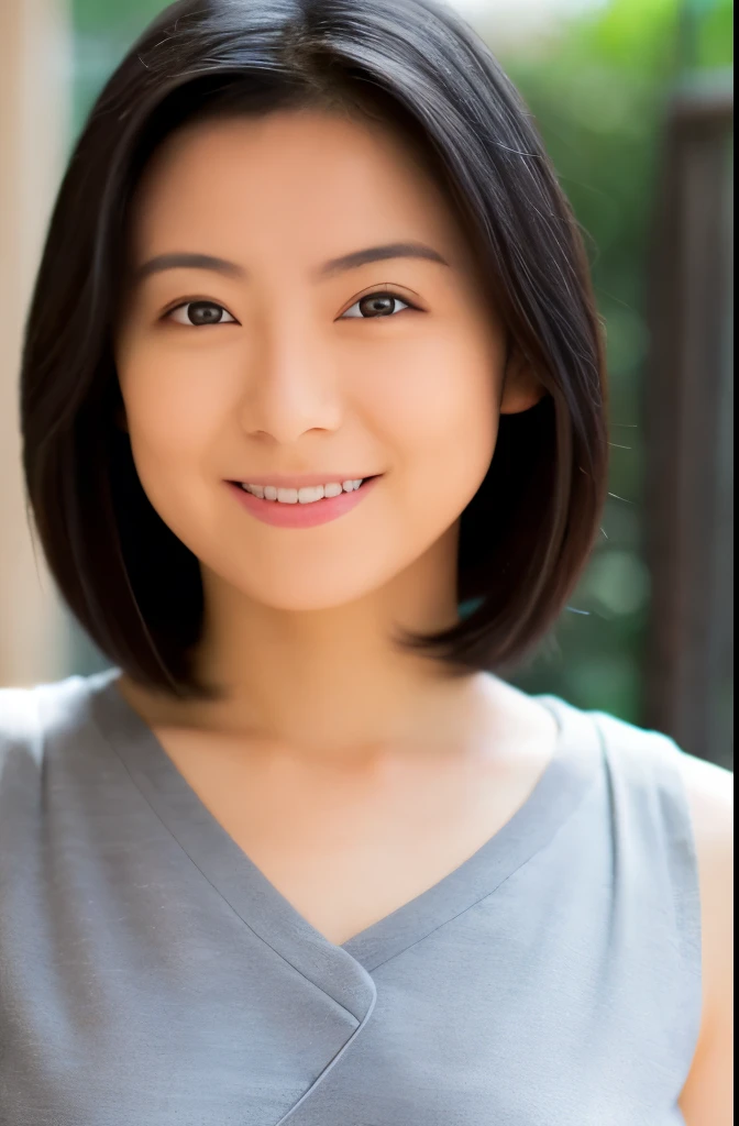 Portrait, 8k, high quality, realistic photo images, 29-year-old, japanese woman, neat wife, housewife, Reproduces natural and realistic eyes, japanese stand, beautiful black hair, short hair, light makeup, octane rendering, beautiful lighting, composition of golden ratio, laughter, everyday wear, casual clothes, natural background, blurred background, High level image quality, Pure Japanese humanity, beautiful wife, Upper body, light makeup, No makeup, pure beauty, plain clothes, grey, beige, green, Plain color, casual clothes, slight smile, small black eyes, background bokeh