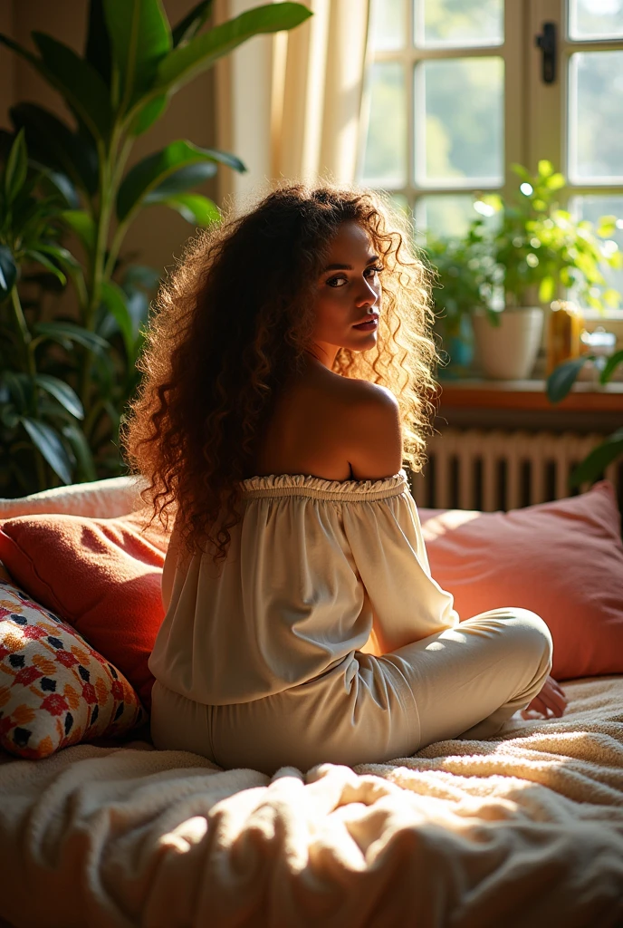 (photorealism:1.2), beautiful woman, sitting on bed, wearing loose off-shoulder top, pajama pants, long curly hair, indoors, soft lighting, plants in background, window with sunlight, cozy room, relaxed pose, realistic, intricate details, warm colors, by Greg Rutkowski, by Alphonse Mucha